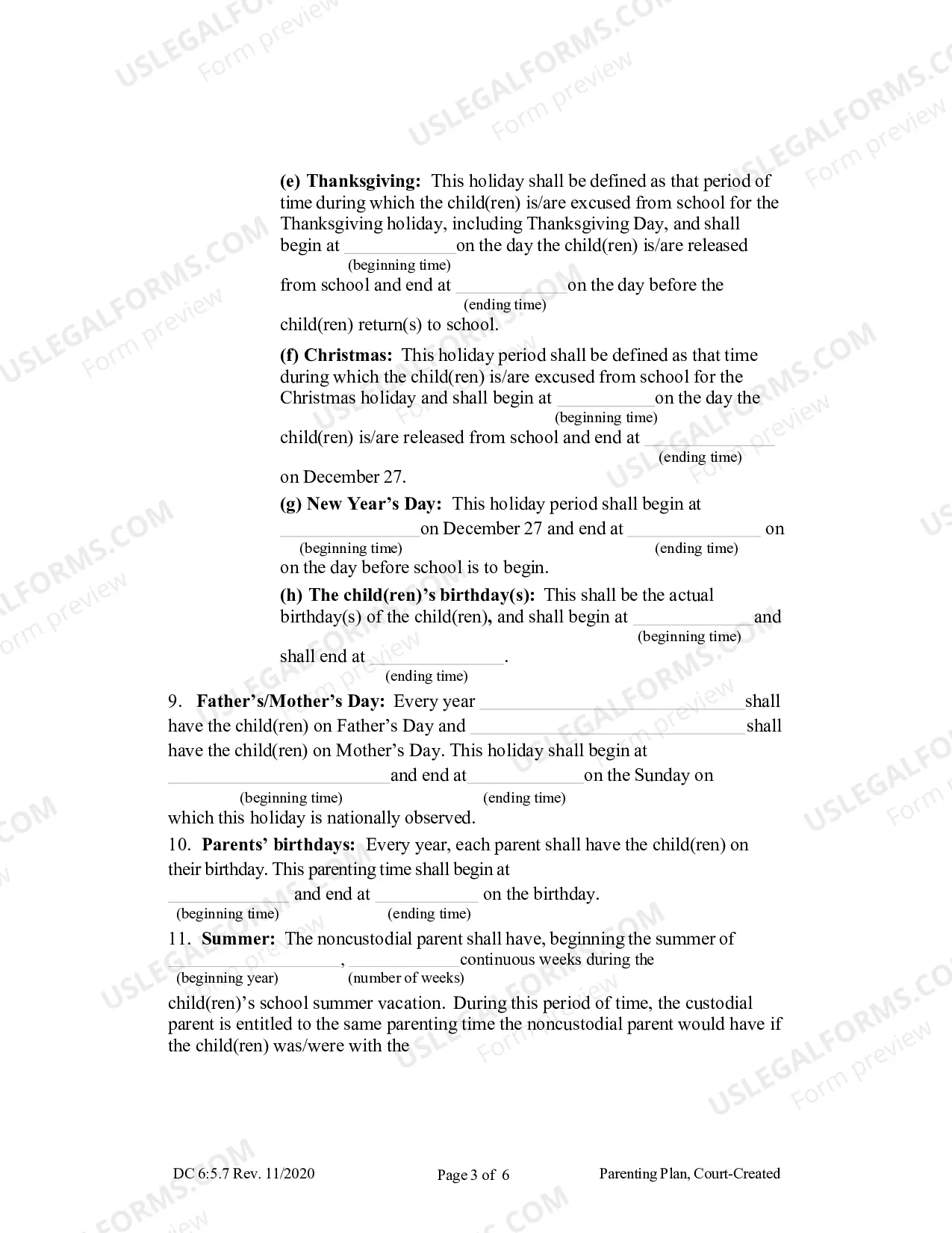 Preview Parenting Plan (Court Created)