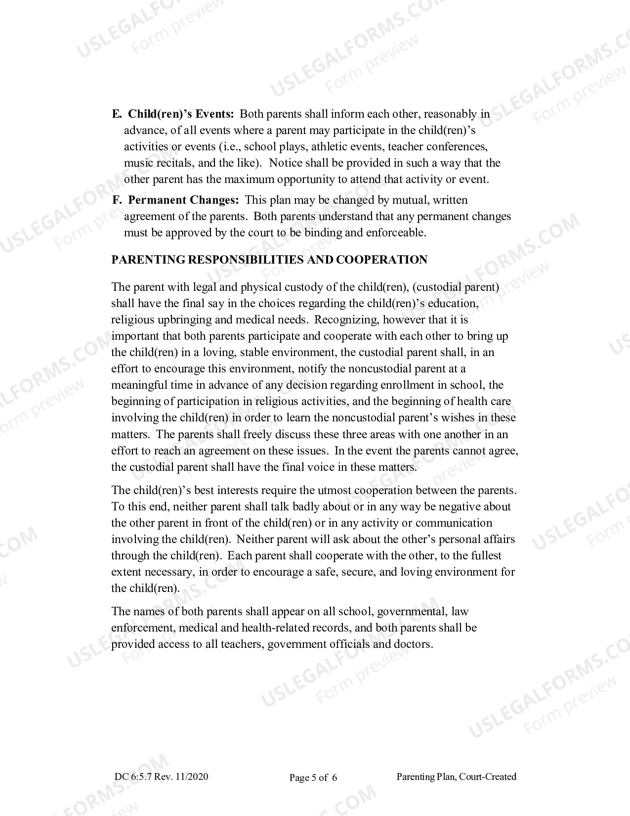 Preview Parenting Plan (Court Created)