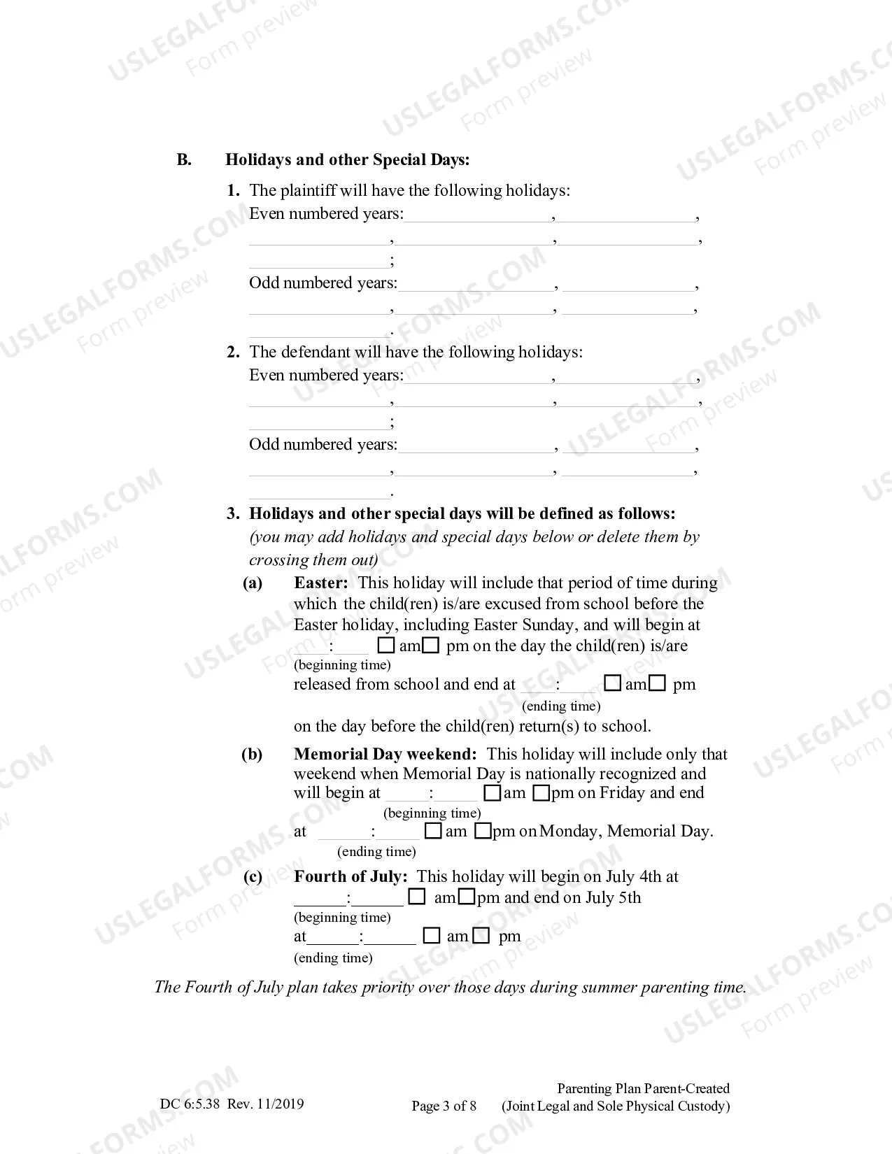 Preview Parenting Plan Parent-Created (Joint Legal And Sole Physical Custody)