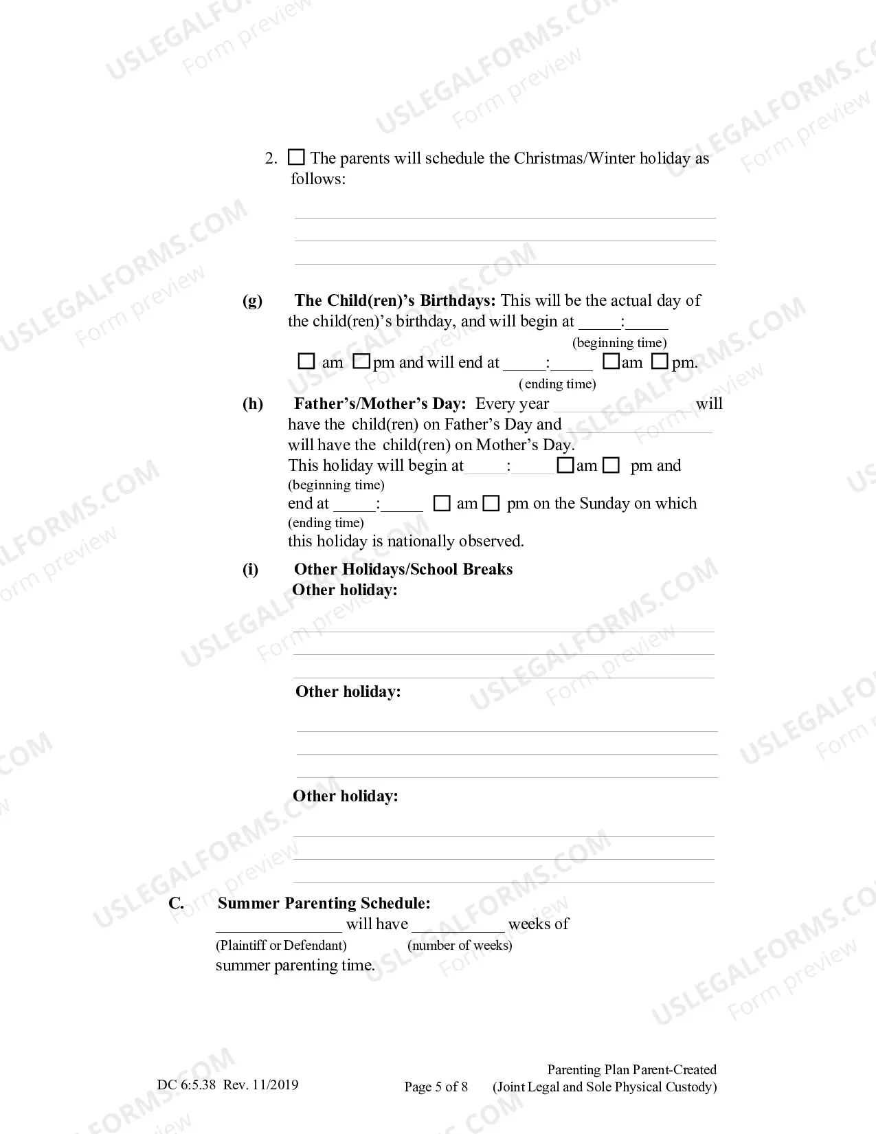 Preview Parenting Plan Parent-Created (Joint Legal And Sole Physical Custody)