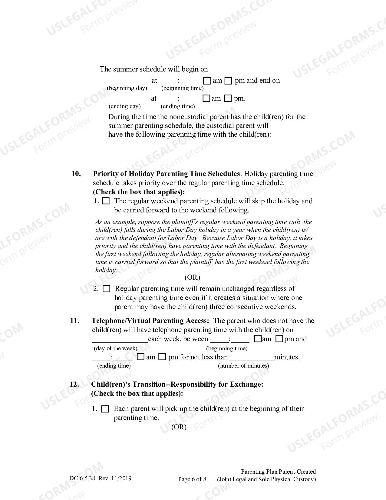 Preview Parenting Plan Parent-Created (Joint Legal And Sole Physical Custody)