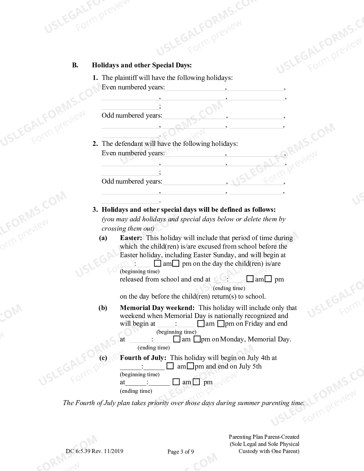 Preview Parenting Plan Parent-Created (Sole Legal And Sole Physical Custody With One Parent)