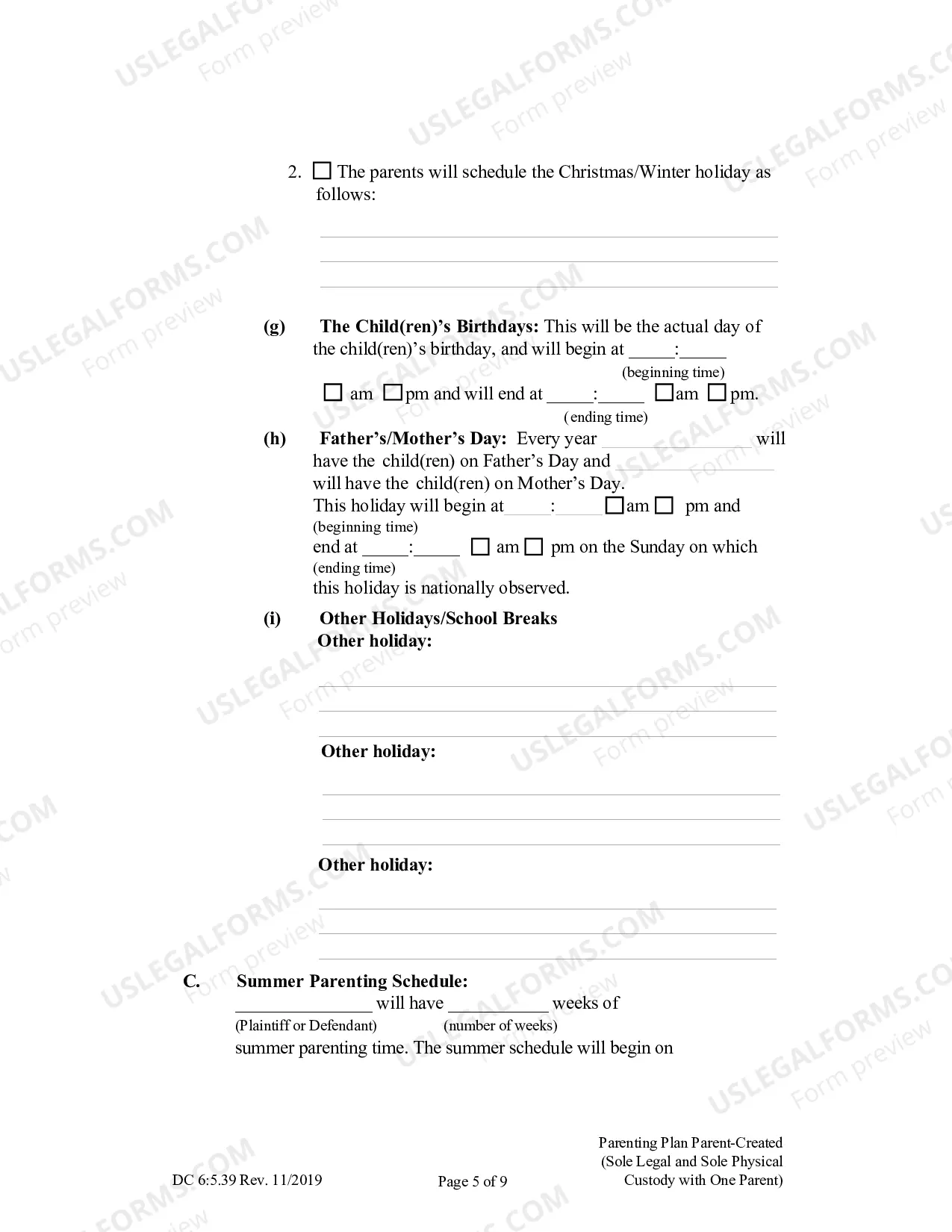 Preview Parenting Plan Parent-Created (Sole Legal And Sole Physical Custody With One Parent)
