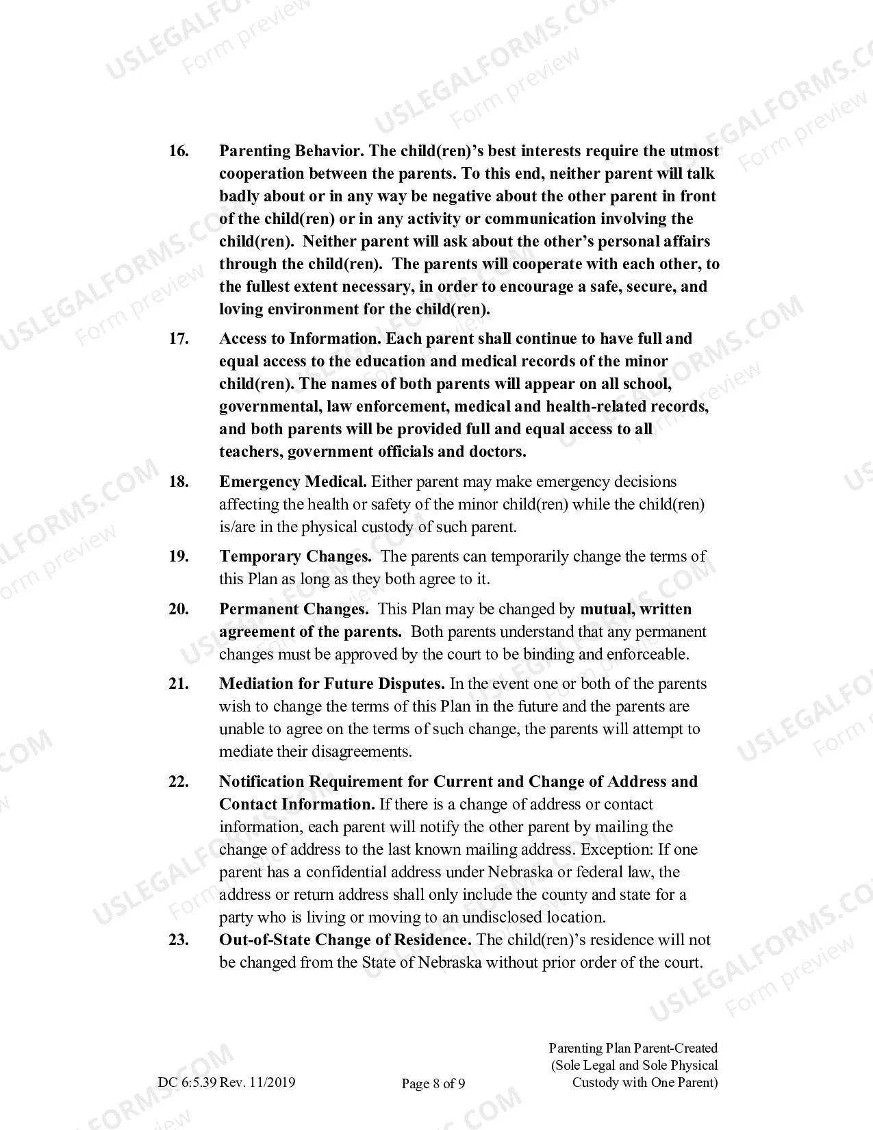 Preview Parenting Plan Parent-Created (Sole Legal And Sole Physical Custody With One Parent)