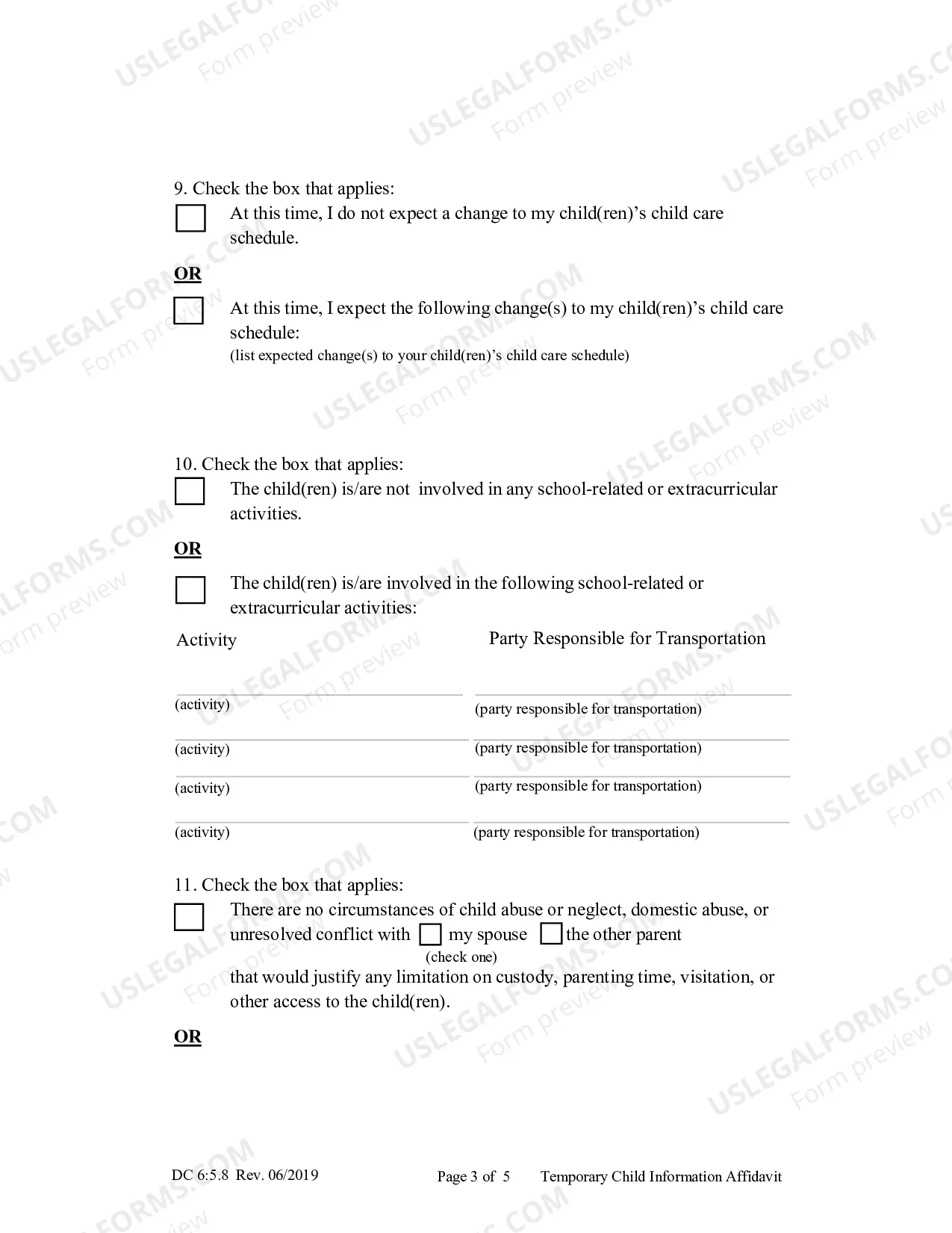 Preview Temporary Child Information Affidavit