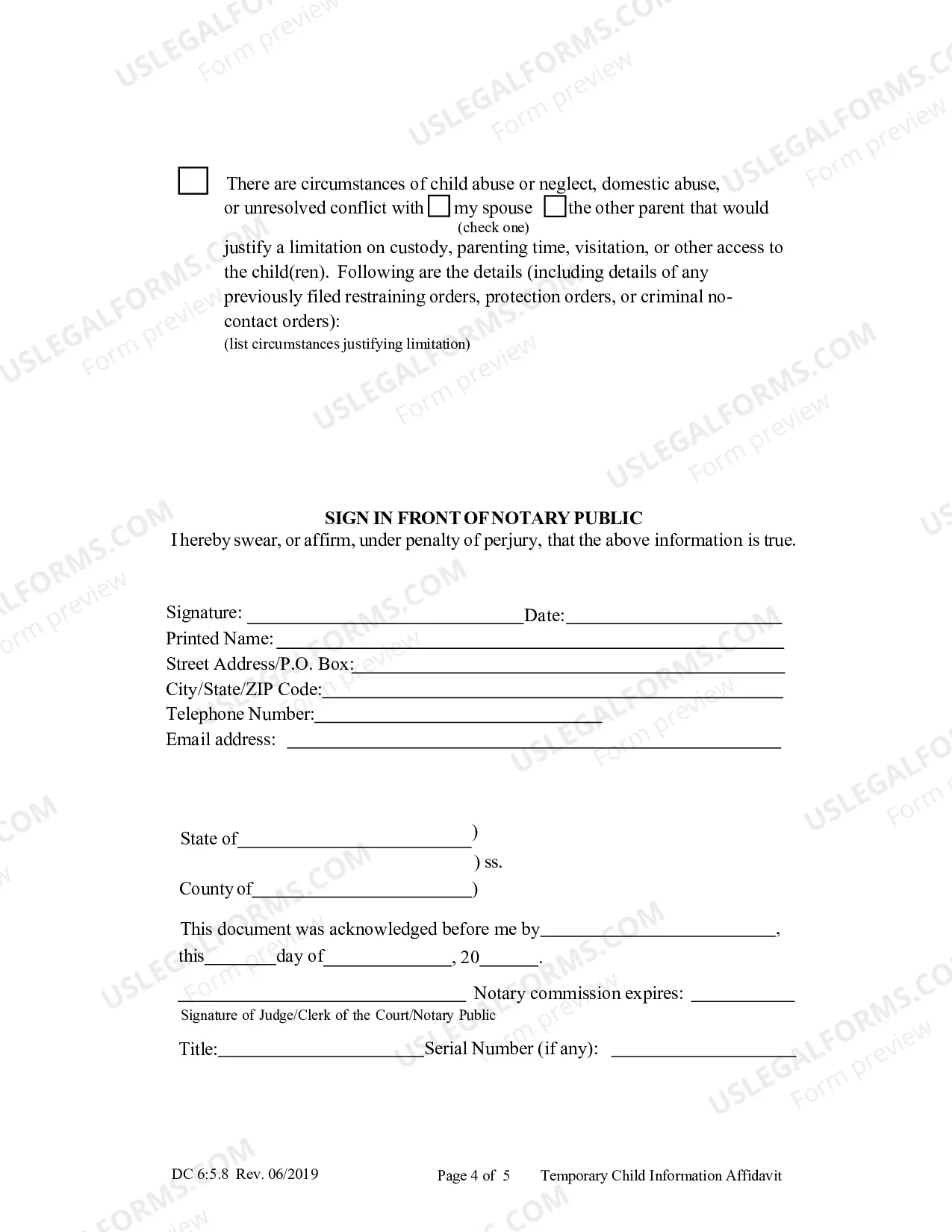 Preview Temporary Child Information Affidavit