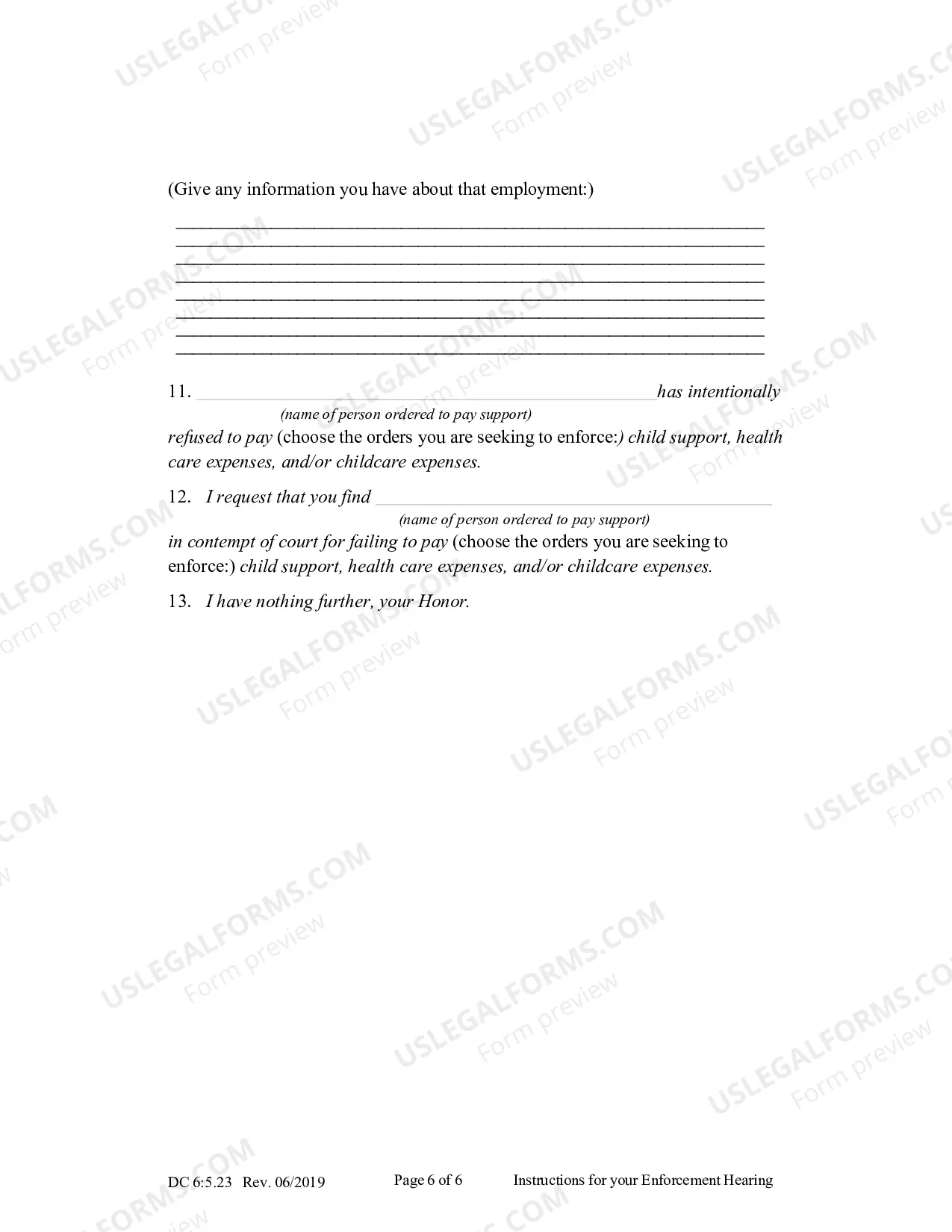 Preview Instructions for Your Enforcement Hearing (Child Support - Contempt) (updated October 2013)
