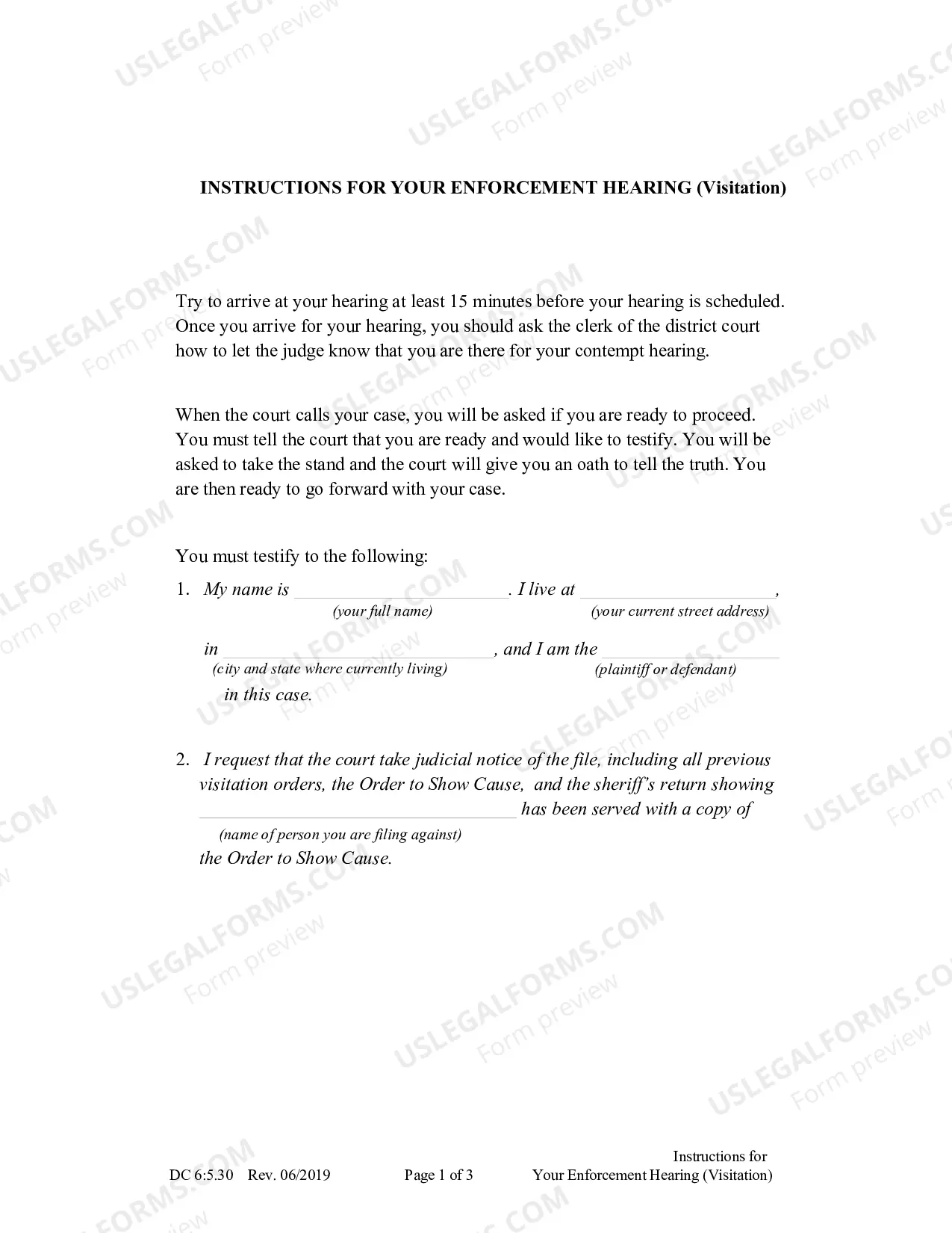 Preview Instructions for Your Enforcement Hearing (Contempt Hearing - Visitation) (updated October 2013)
