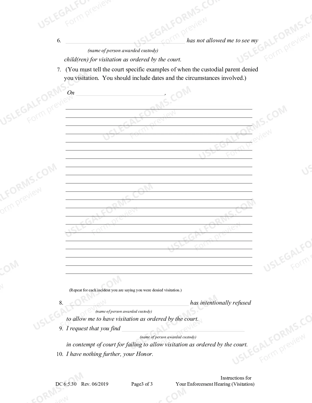 Preview Instructions for Your Enforcement Hearing (Contempt Hearing - Visitation) (updated October 2013)