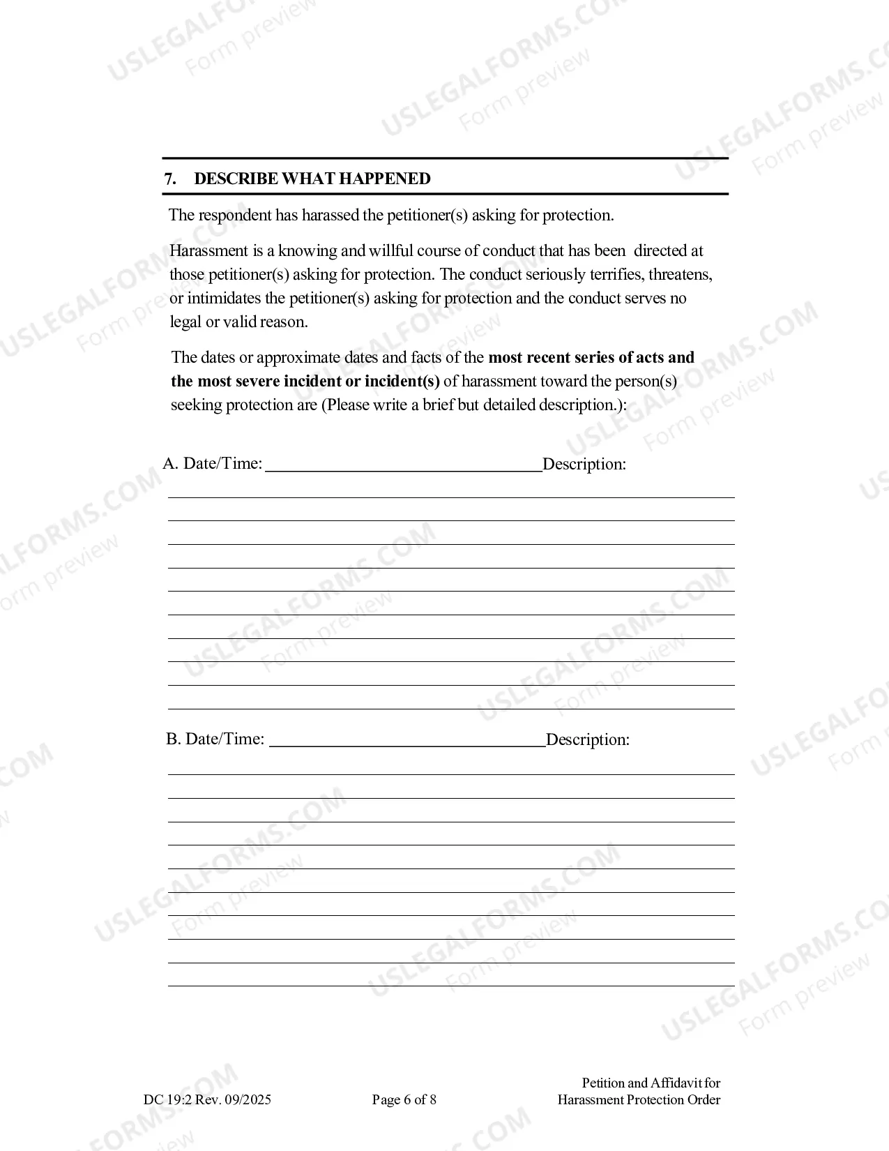 Preview Petition And Affidavit To Obtain Harassment Protection Order