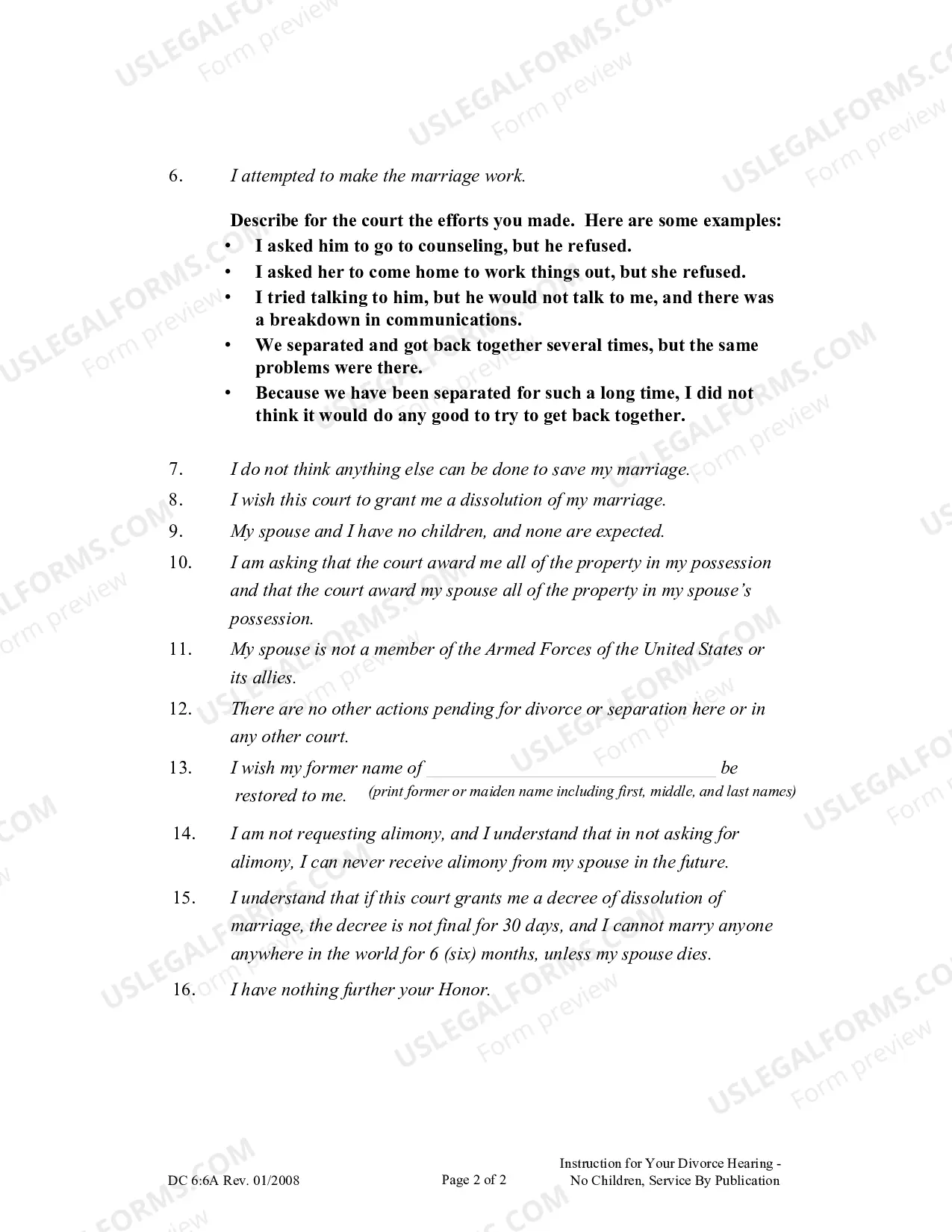 Preview Instructions for Divorce Hearing - No Children - Service by Publication