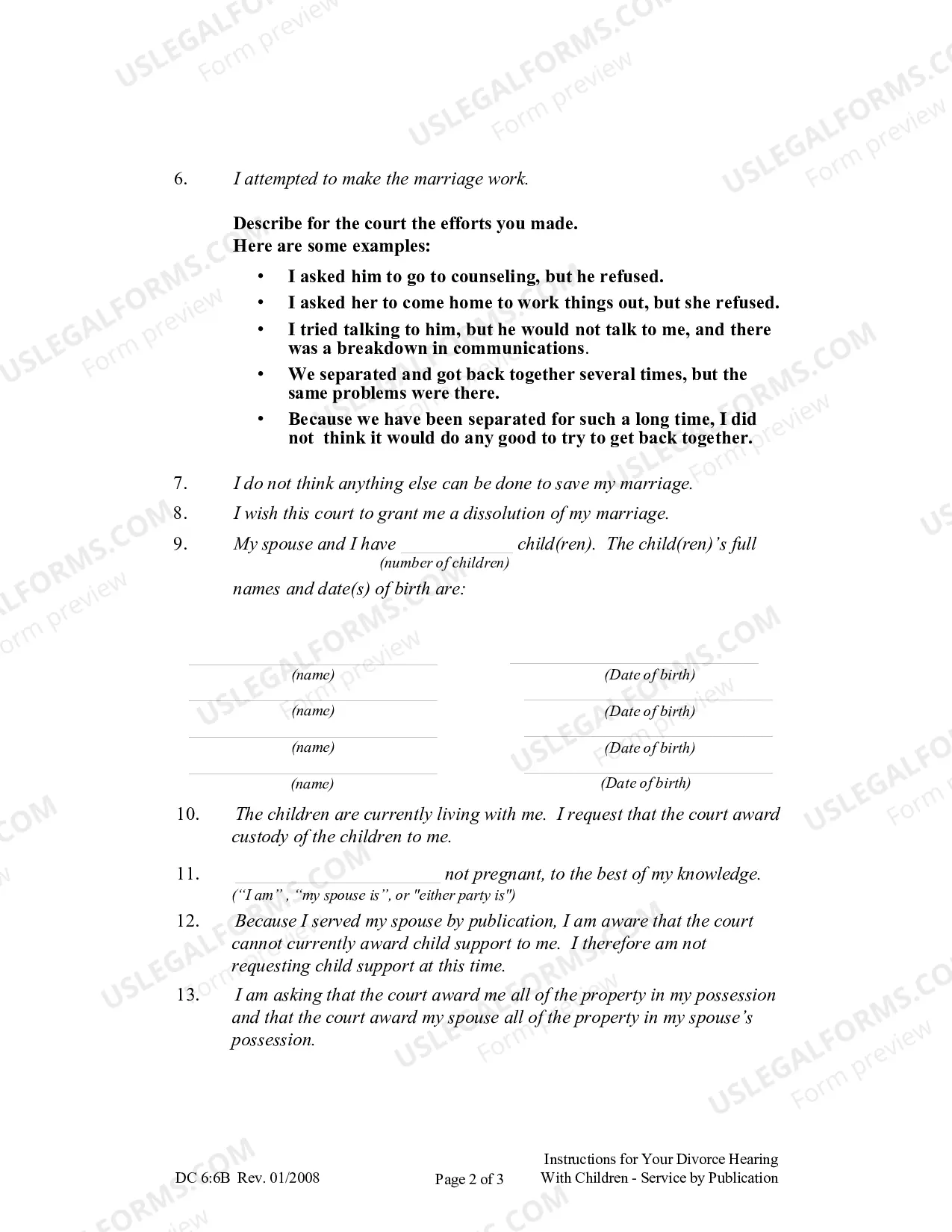 Preview Instructions for Divorce Hearing - With Children - Service by Publication