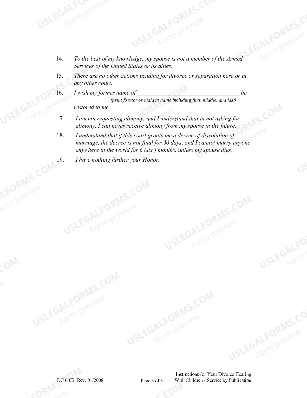 Preview Instructions for Divorce Hearing - With Children - Service by Publication