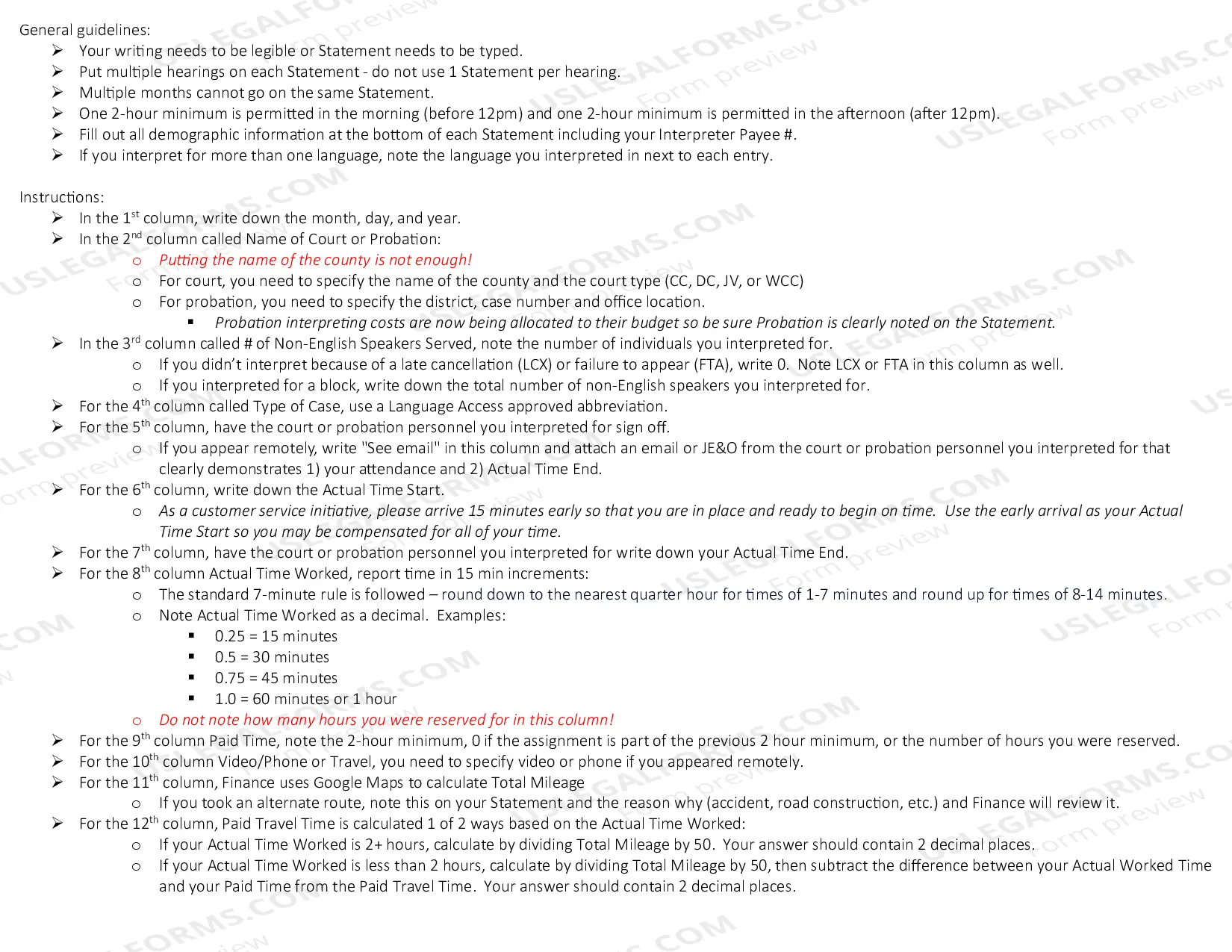 Preview Statement For Payment of Interpreters