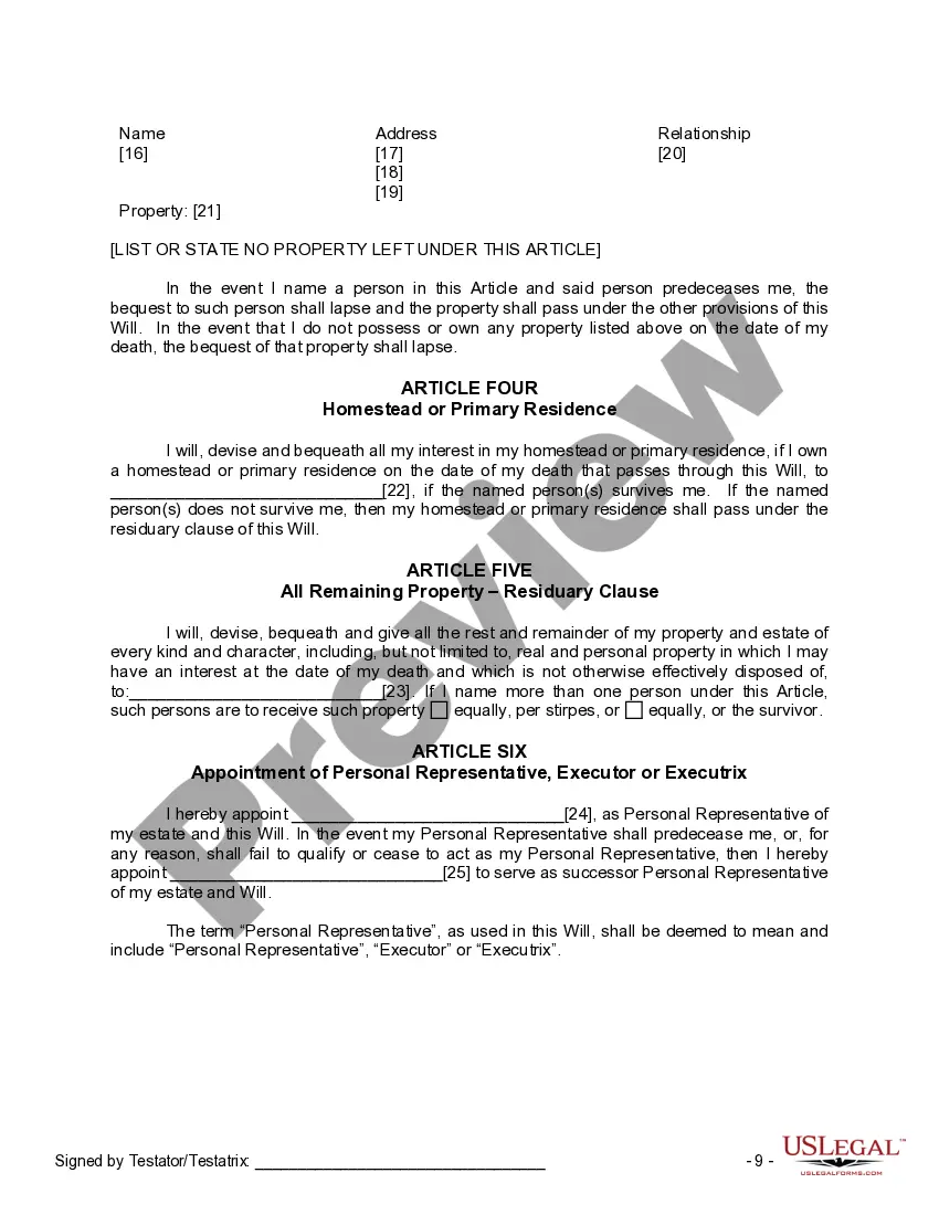 Preview Last Will and Testament for Single Person with No Children
