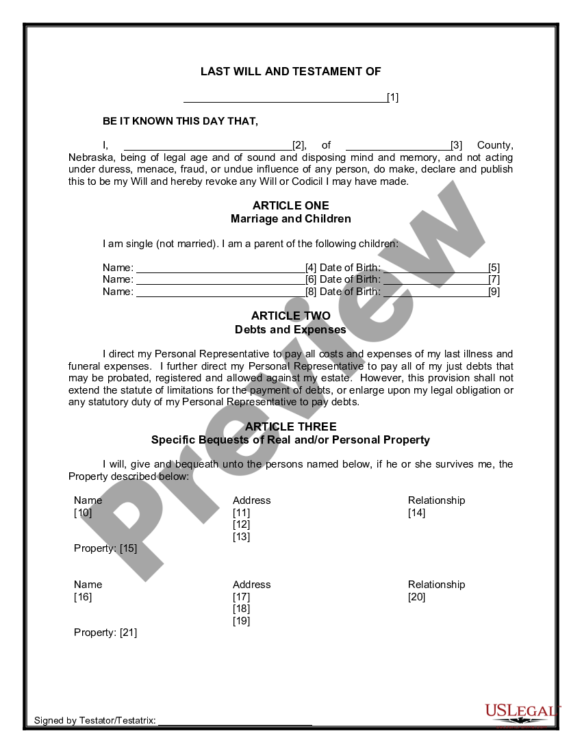 Nebraska Legal Last Will And Testament Form For A Single Person With Minor Children US Legal Forms