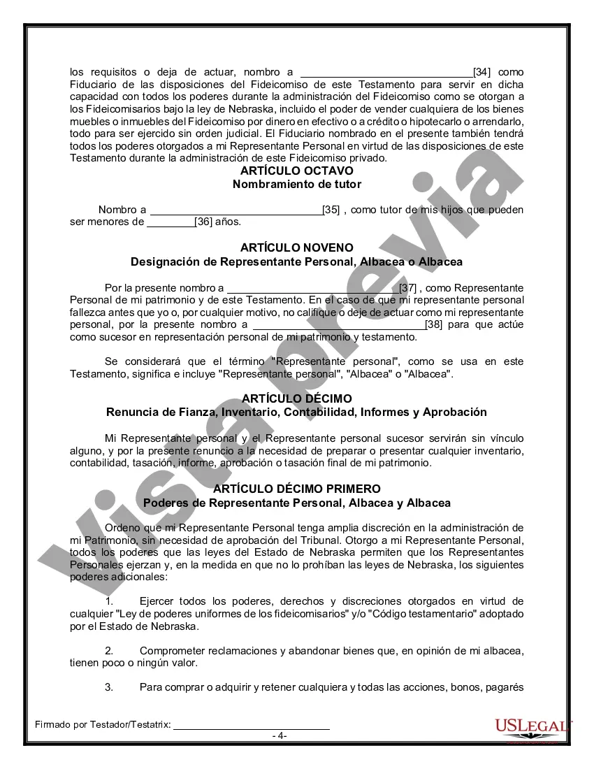 Preview Formulario Legal de Última Voluntad y Testamento para Persona Soltera con Hijos Adultos y Menores