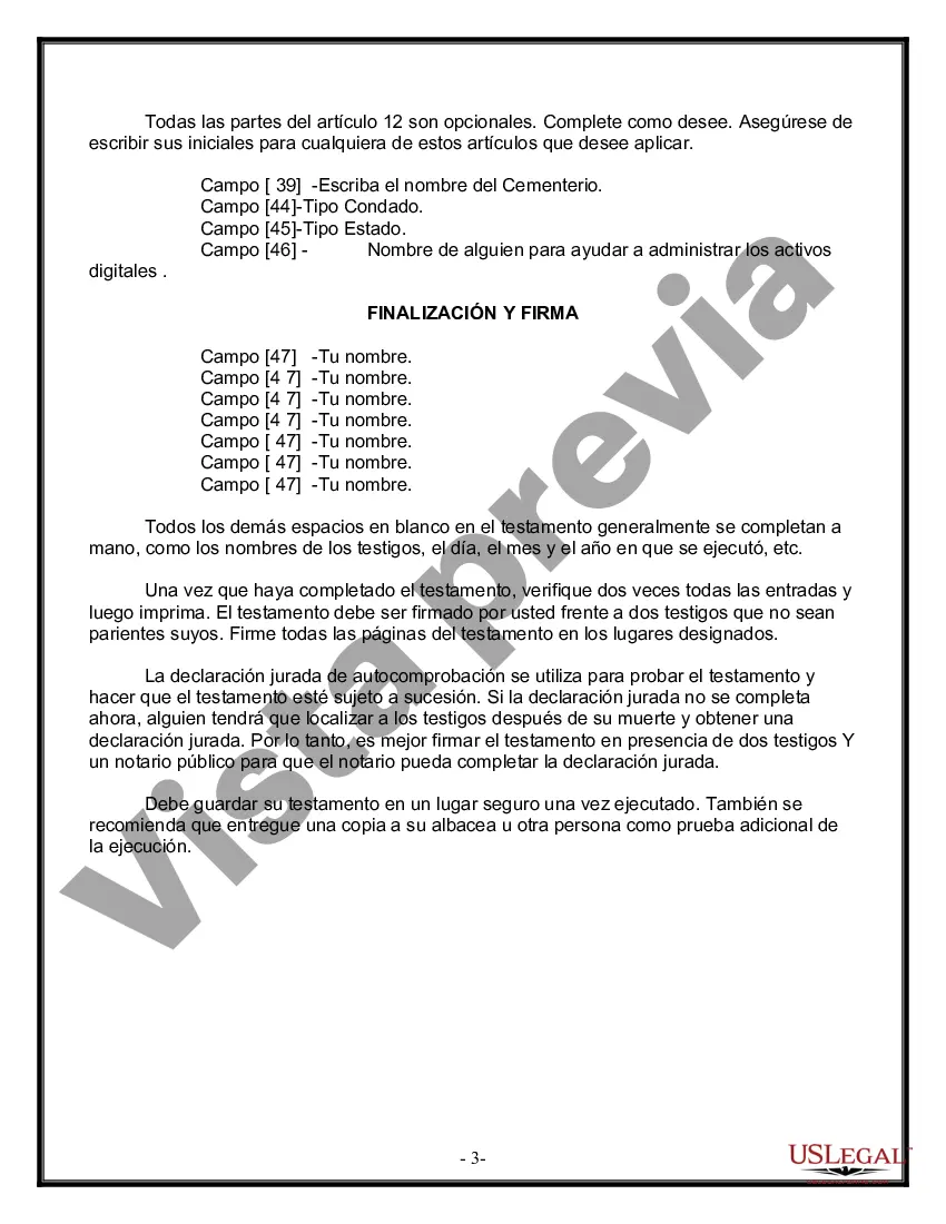 Preview Formulario Legal de Última Voluntad y Testamento para Persona Soltera con Hijos Adultos y Menores