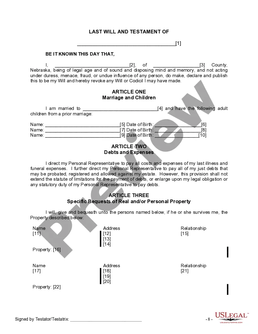 Preview Last Will and Testament for Married person with Adult Children from Prior Marriage