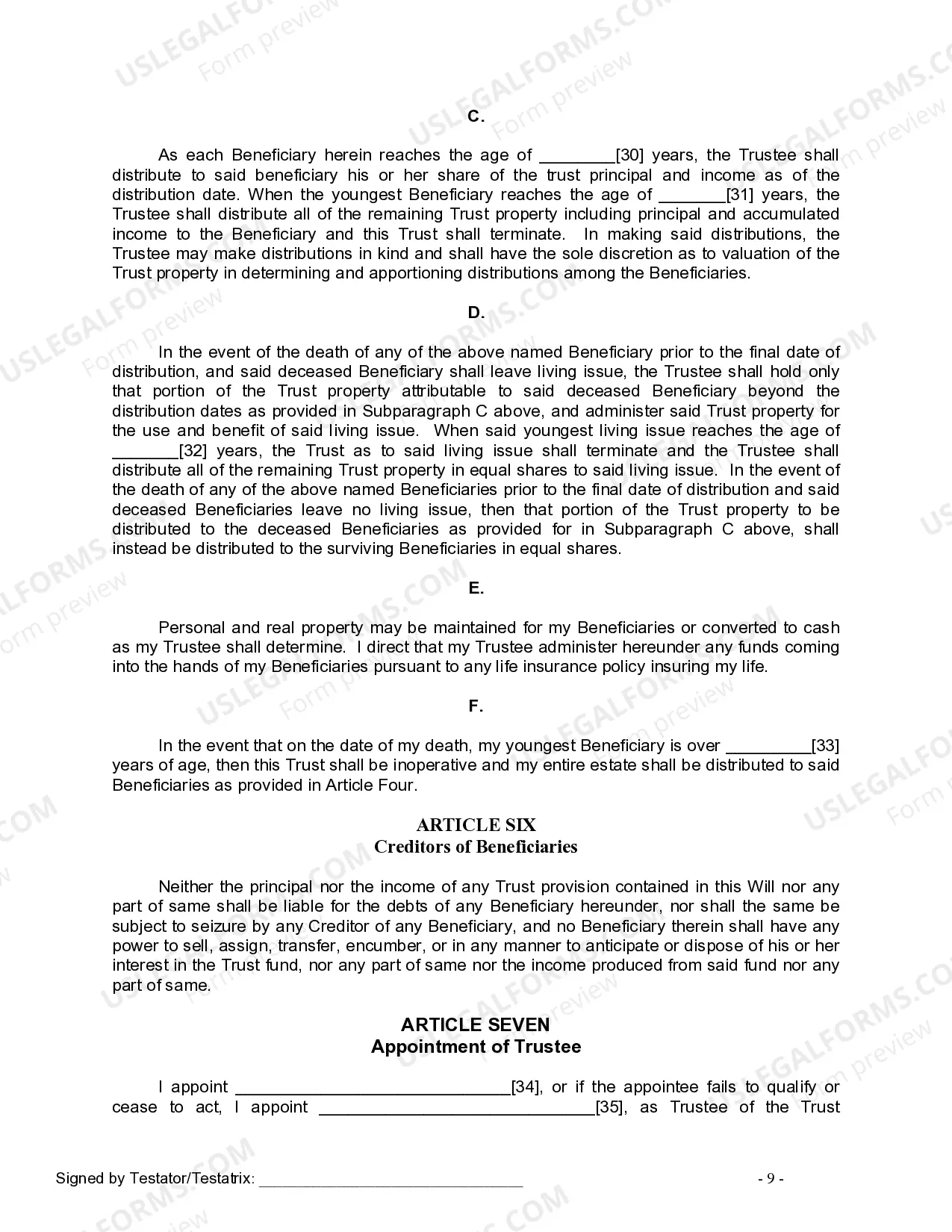 Preview Last Will and Testament for Divorced person not Remarried with Minor Children