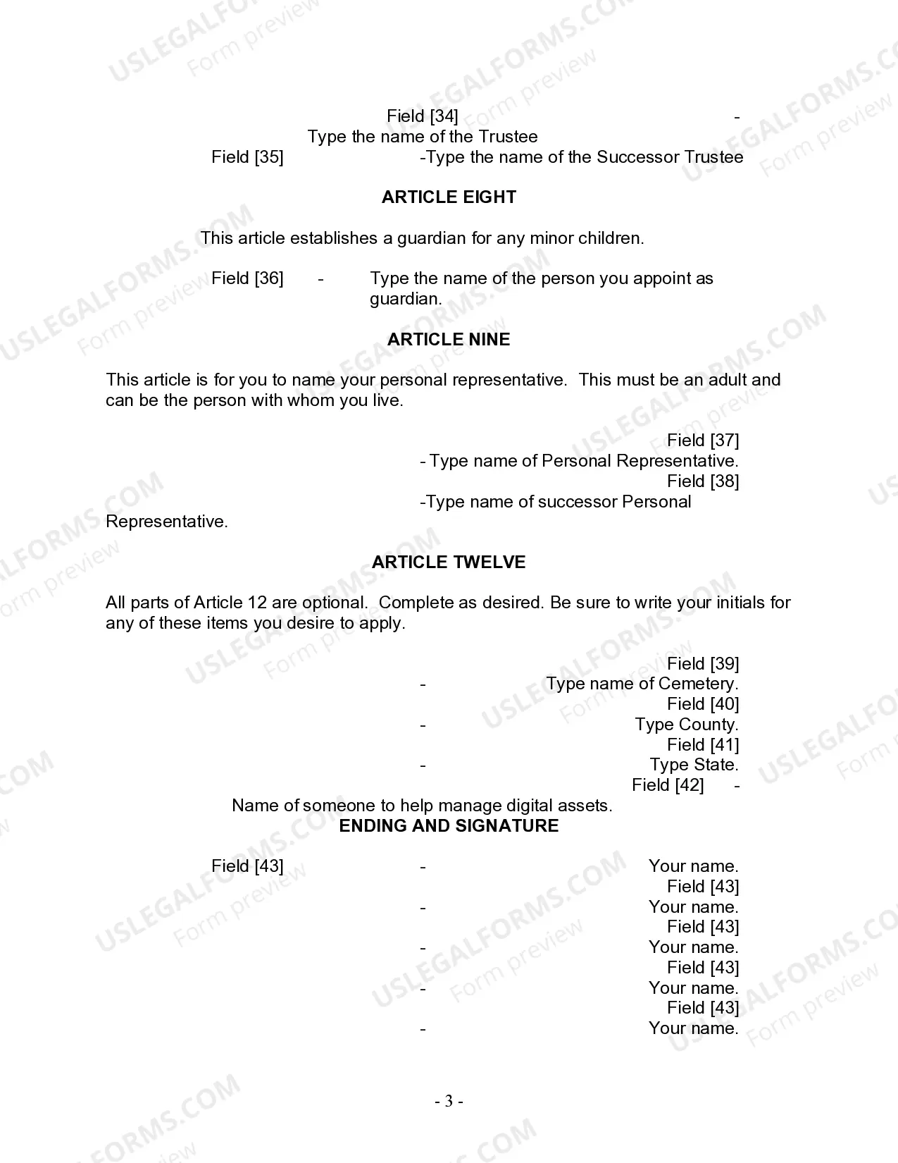 Preview Last Will and Testament for Divorced person not Remarried with Minor Children