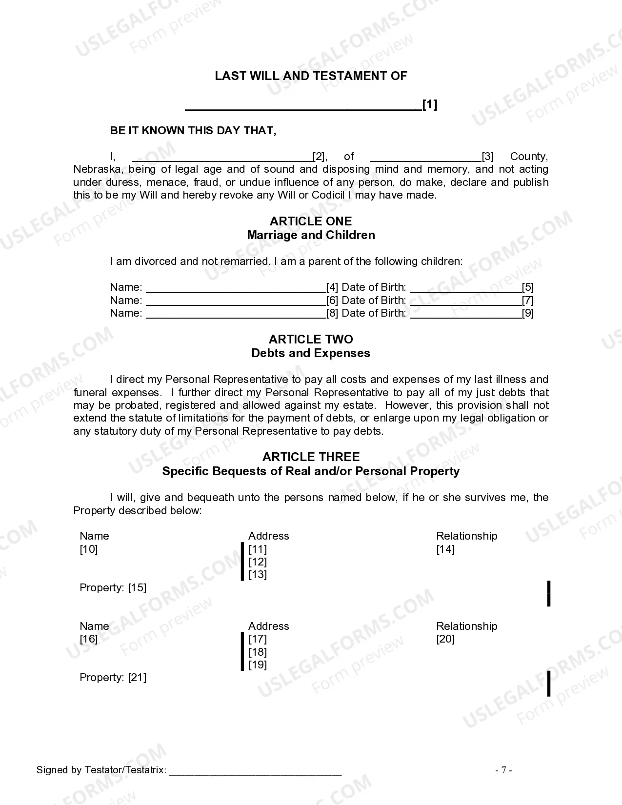 Preview Last Will and Testament for Divorced person not Remarried with Minor Children