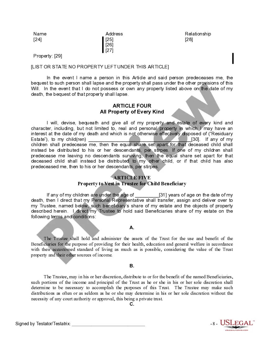 Preview Last Will and Testament for Divorced Person Not Remarried with Adult and Minor Children