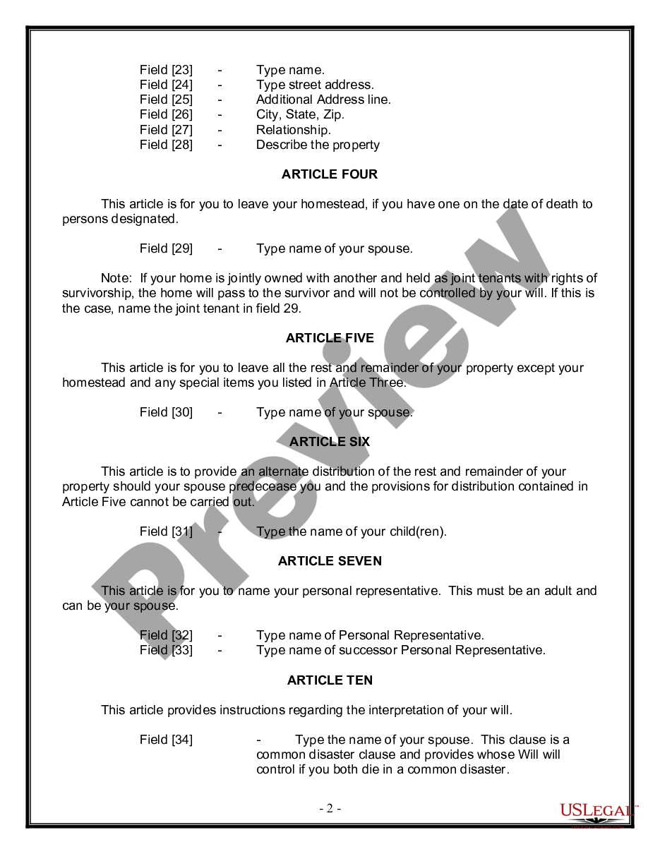 form Legal Last Will and Testament Form for Married person with Adult Children preview