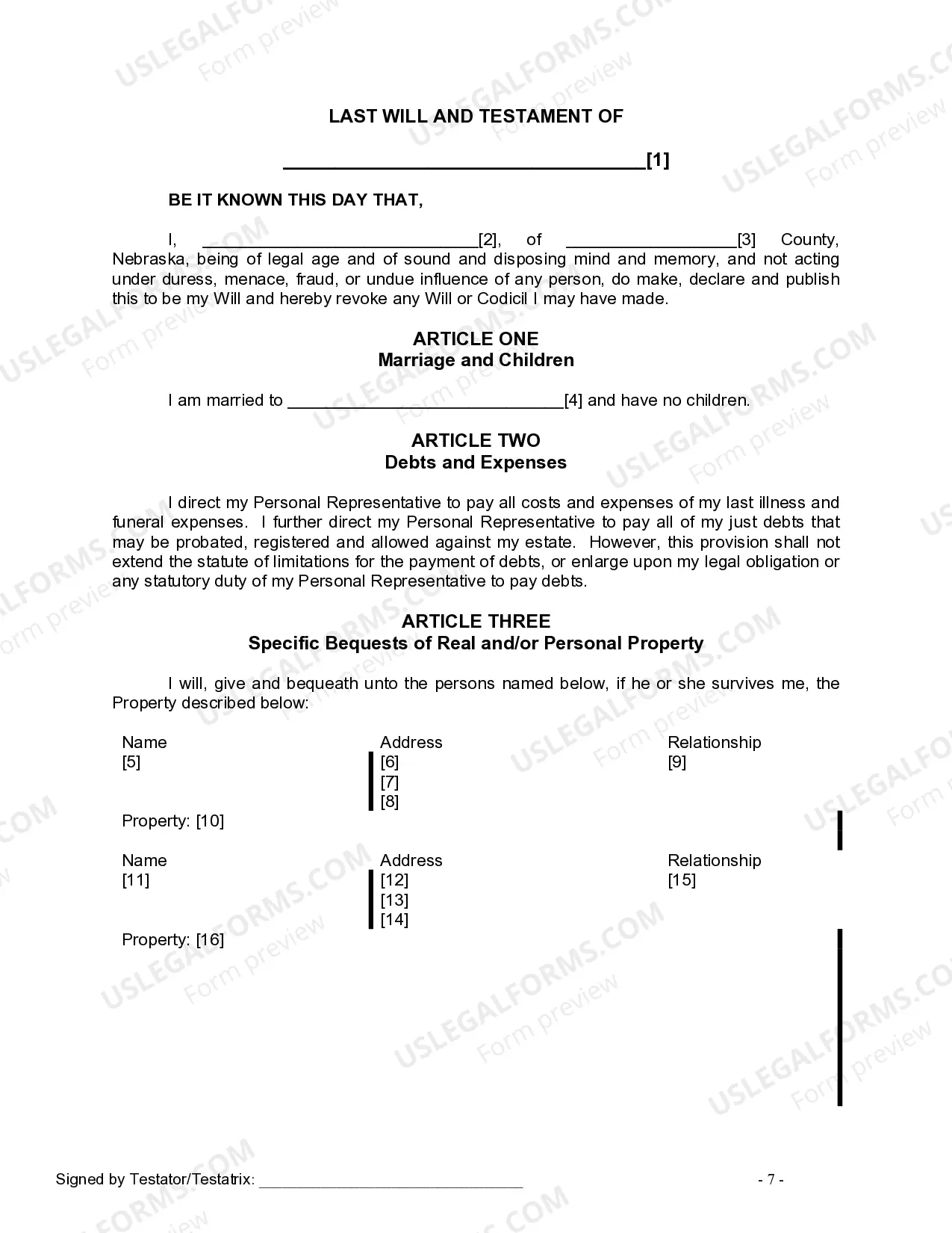 Preview Last Will and Testament for a Married Person with No Children