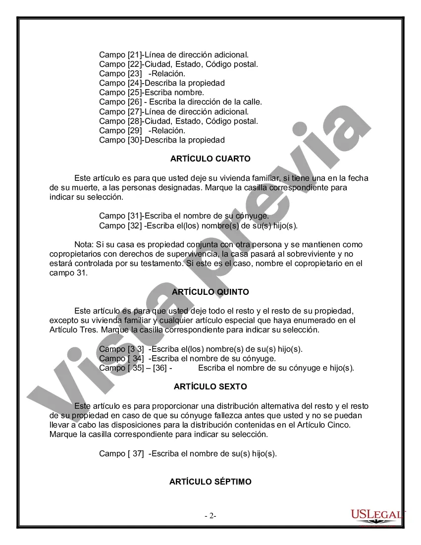 Preview Formulario Legal de Última Voluntad y Testamento para Persona Casada con Hijos Adultos y Menores de Matrimonio Anterior