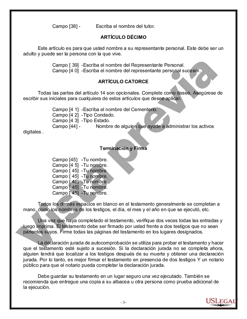 Preview Formulario Legal de Última Voluntad y Testamento para Viuda o Viudo con Hijos Menores