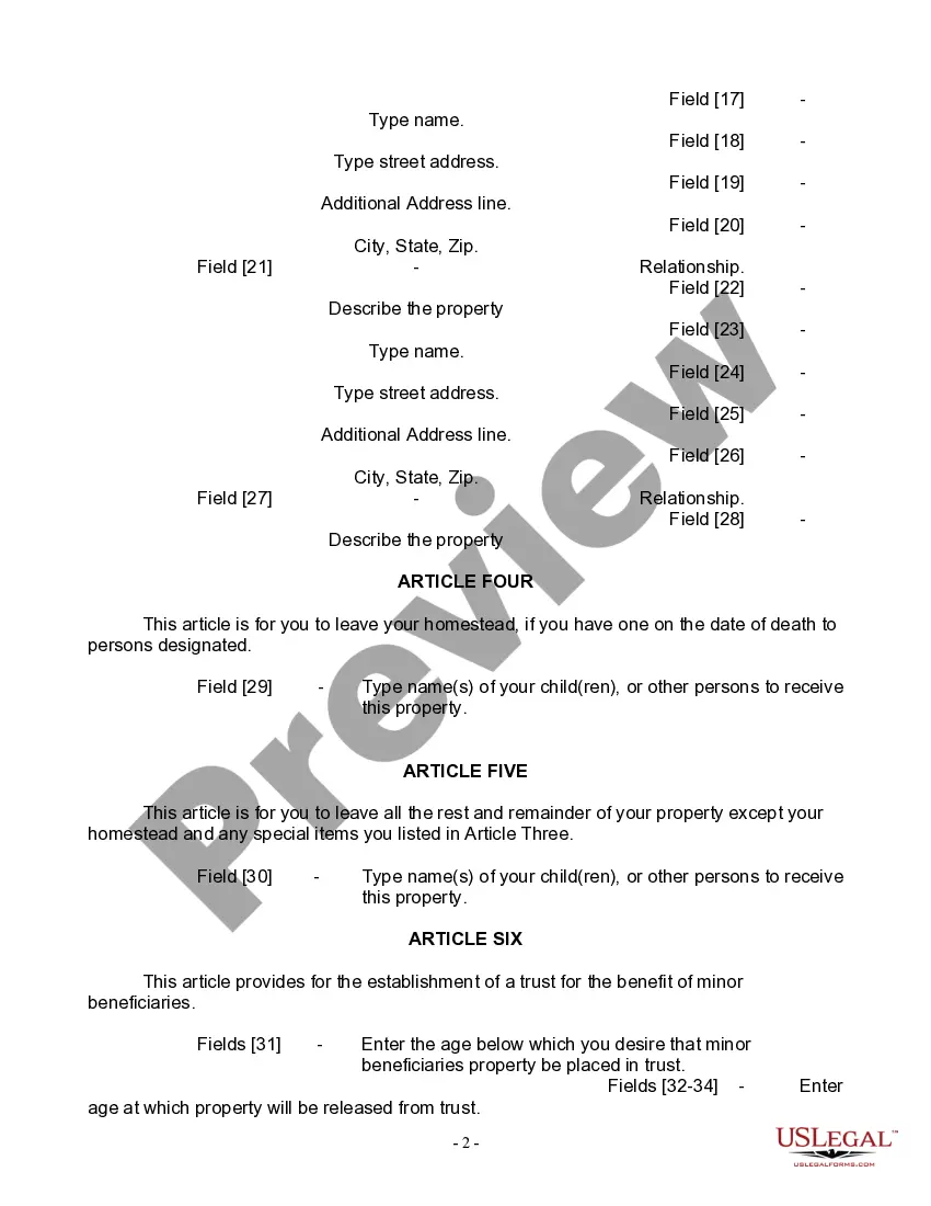 Preview Last Will and Testament for Widow or Widower with Minor Children