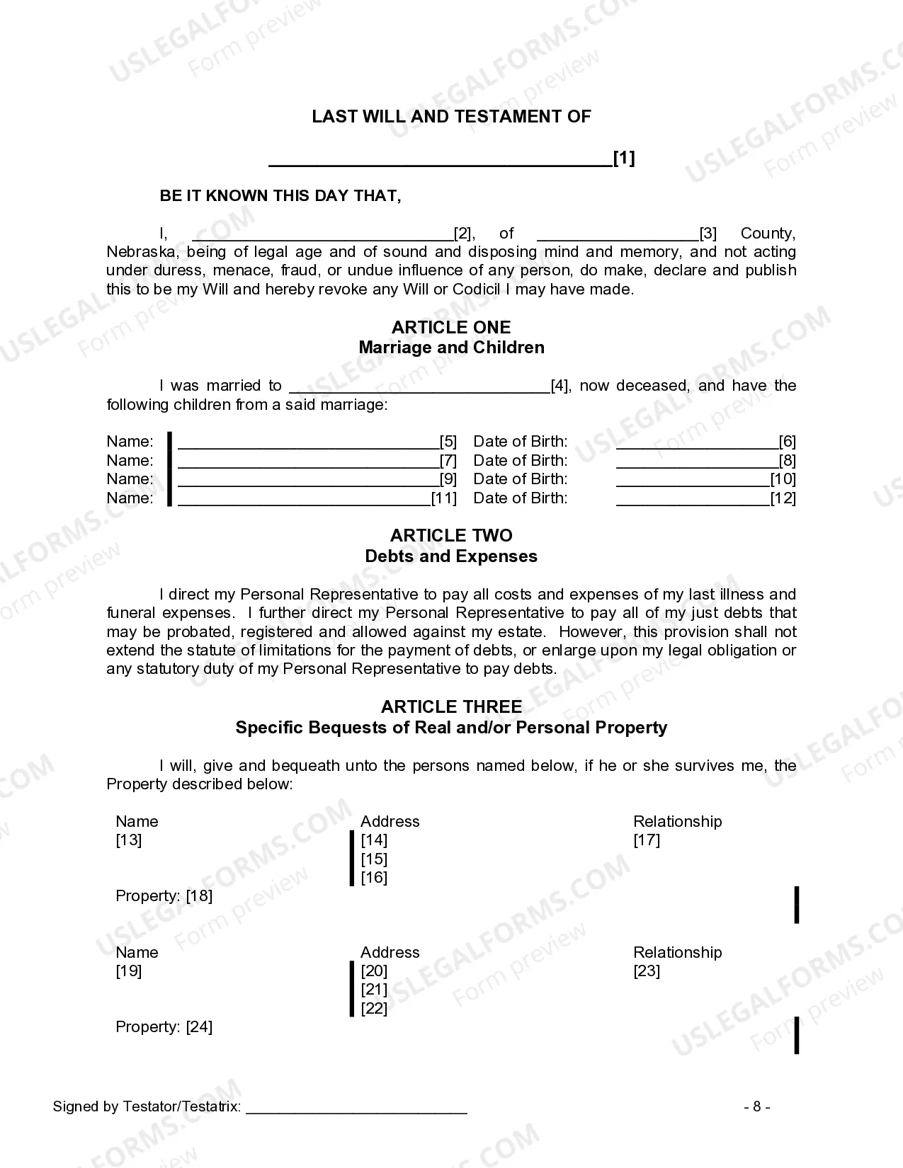 Preview Last Will and Testament for a Widow or Widower with Adult and Minor Children