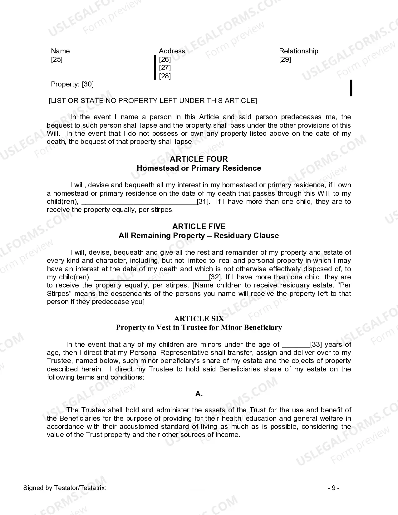 Preview Last Will and Testament for a Widow or Widower with Adult and Minor Children