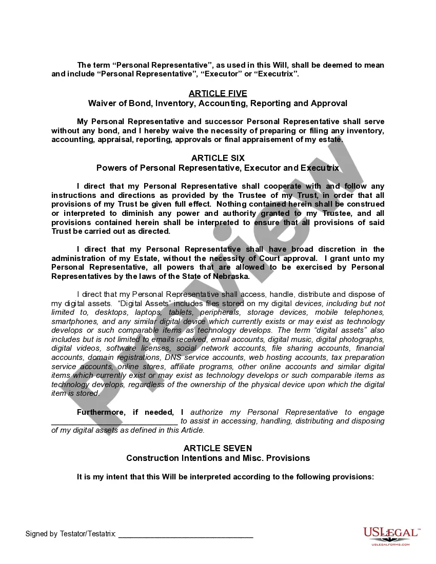 Preview Last Will and Testament with All Property to Trust called a Pour Over Will