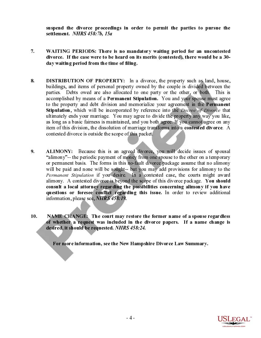 Preview New Hampshire No-Fault Uncontested Agreed Divorce Package for Dissolution of Marriage with Adult Children and with or without Property and Debts