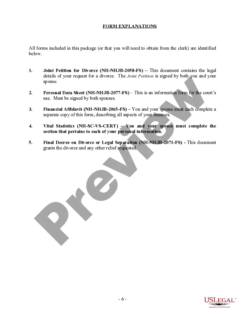 Preview New Hampshire No-Fault Uncontested Agreed Divorce Package for Dissolution of Marriage with Adult Children and with or without Property and Debts