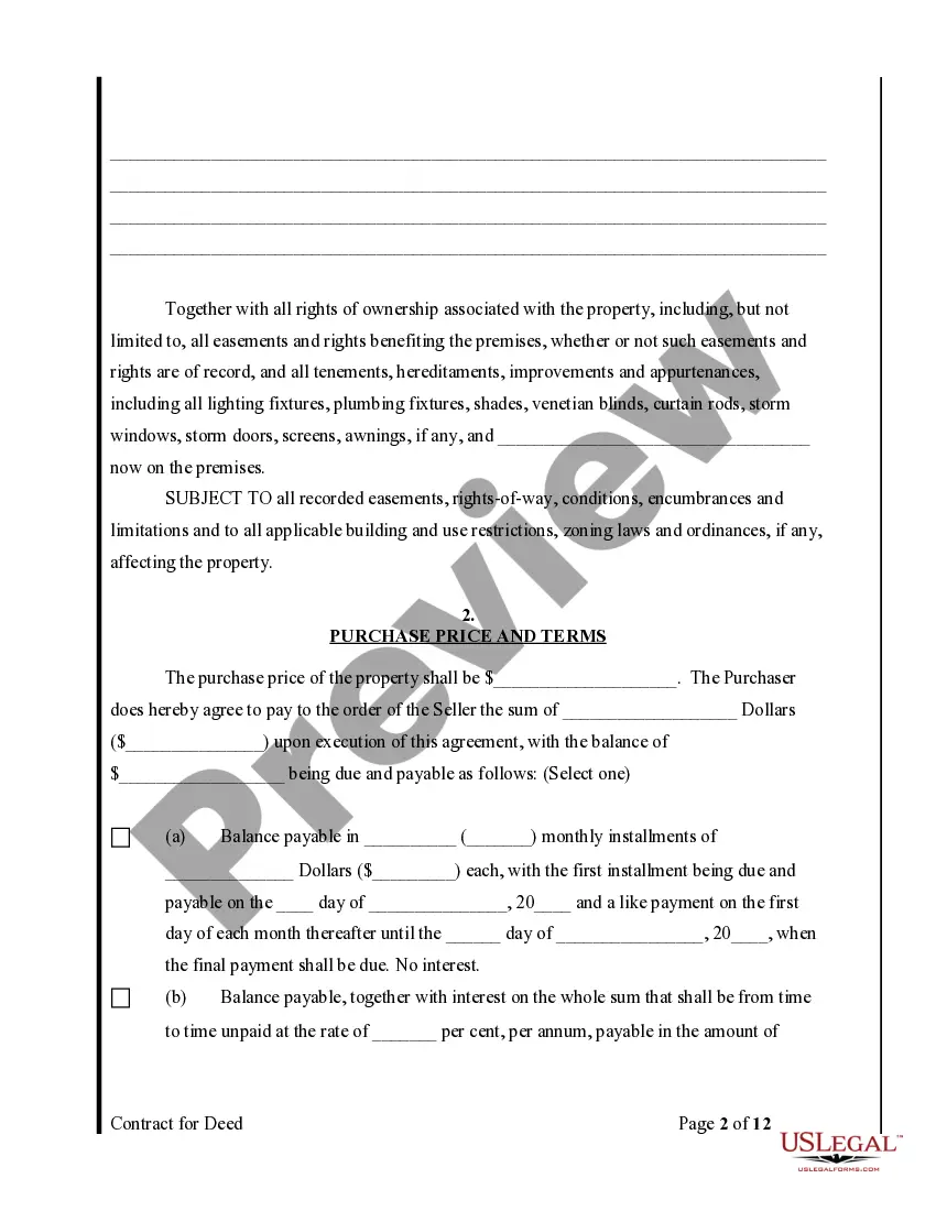 Preview Agreement or Contract for Deed for Sale and Purchase of Real Estate a/k/a Land or Executory Contract