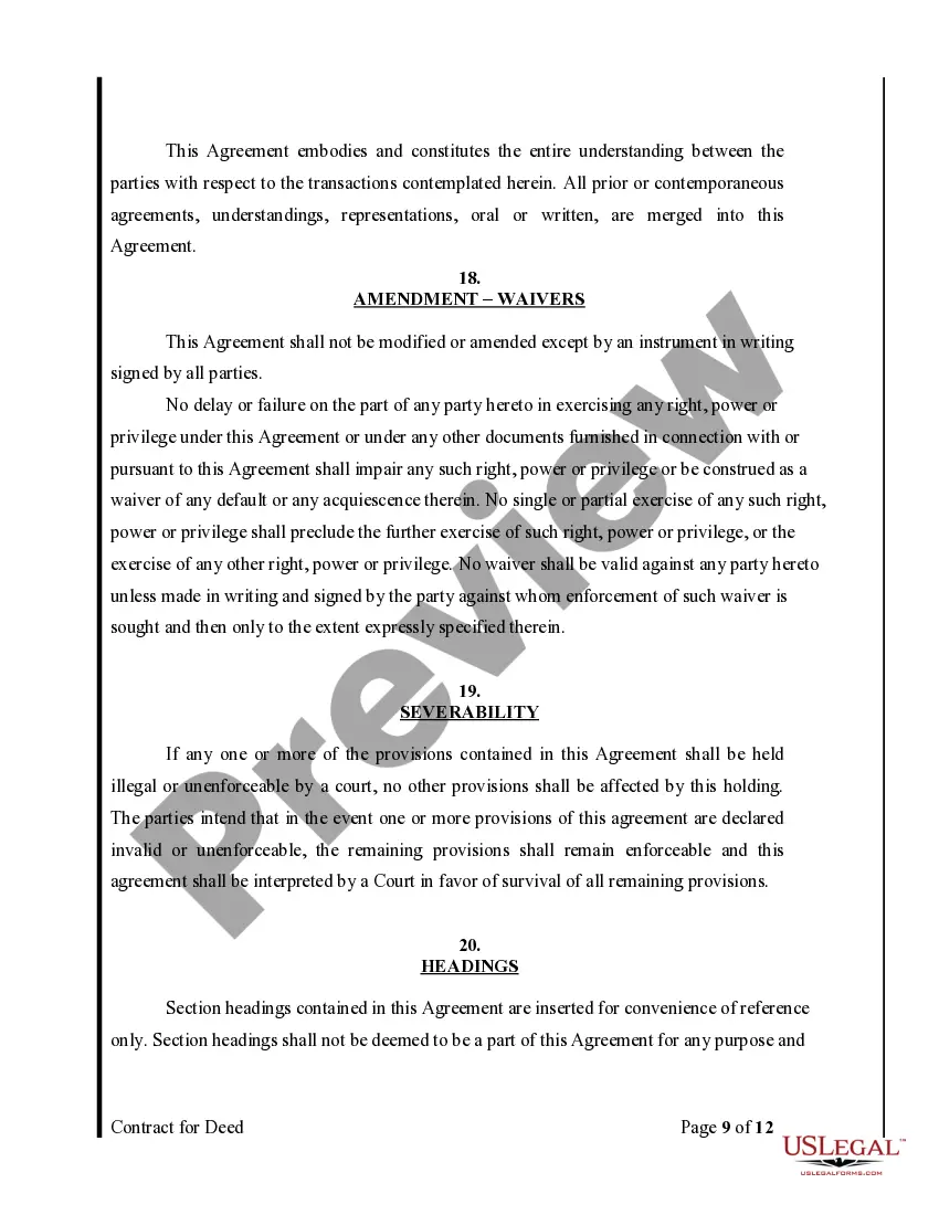 Preview Agreement or Contract for Deed for Sale and Purchase of Real Estate a/k/a Land or Executory Contract