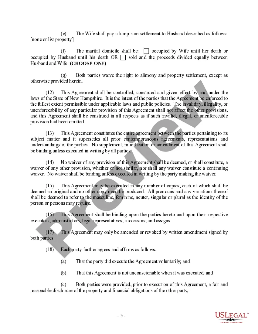Preview New Hampshire Prenuptial Premarital Agreement with Financial Statements