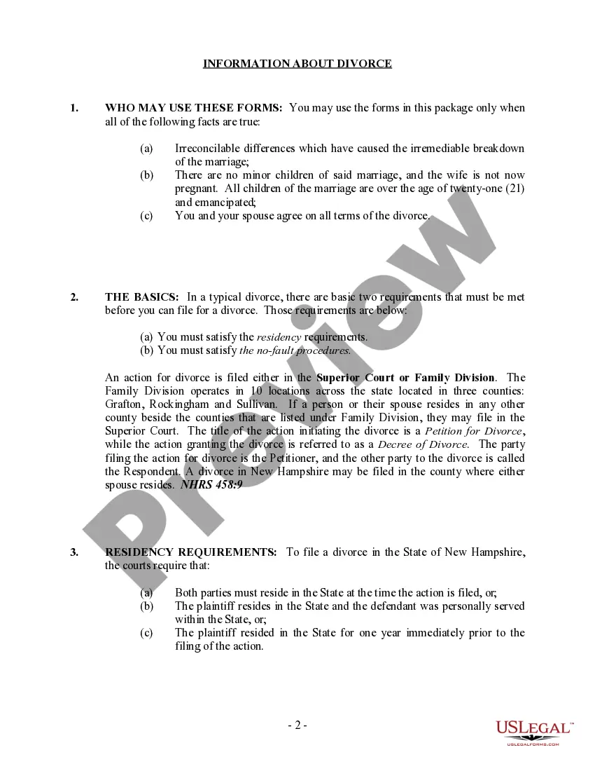 Get New Hampshire No-Fault Uncontested Agreed Divorce Package for Dissolution of Marriage with Minor Children and with or without Property and Debts Preview New Hampshire No-Fault Uncontested Agreed Divorce Package for Dissolution of Marriage with Minor Children and with or without Property and Debts