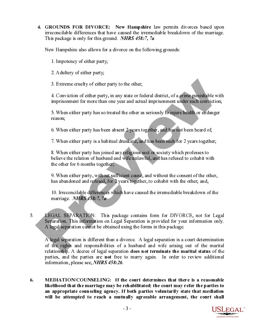 Get New Hampshire No-Fault Uncontested Agreed Divorce Package for Dissolution of Marriage with Minor Children and with or without Property and Debts Preview New Hampshire No-Fault Uncontested Agreed Divorce Package for Dissolution of Marriage with Minor Children and with or without Property and Debts