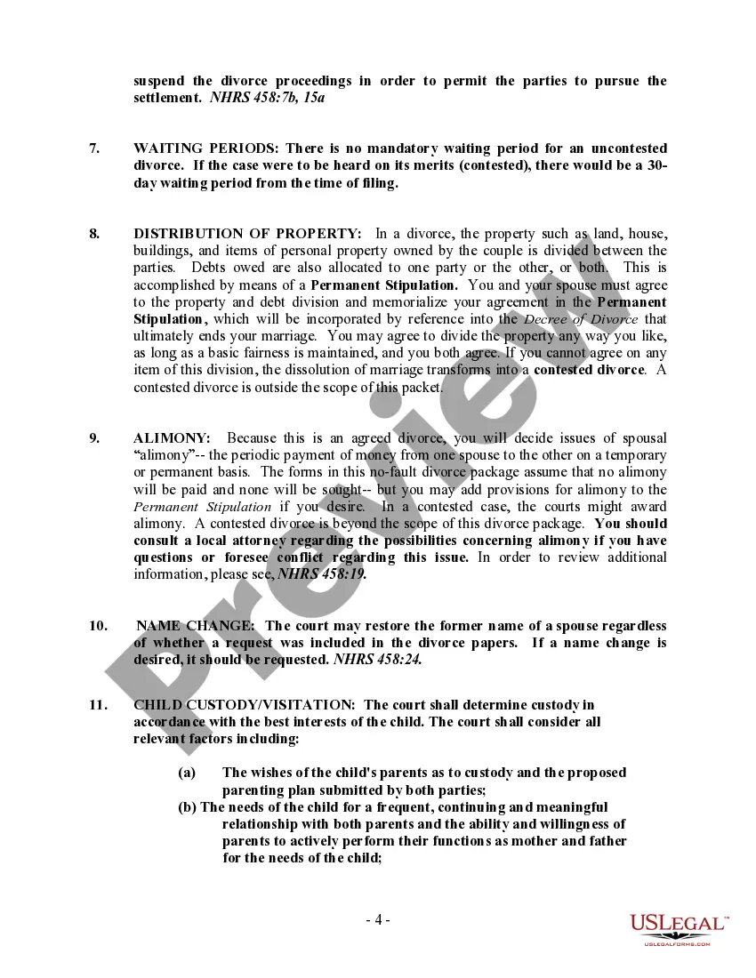 Get New Hampshire No-Fault Uncontested Agreed Divorce Package for Dissolution of Marriage with Minor Children and with or without Property and Debts Preview New Hampshire No-Fault Uncontested Agreed Divorce Package for Dissolution of Marriage with Minor Children and with or without Property and Debts