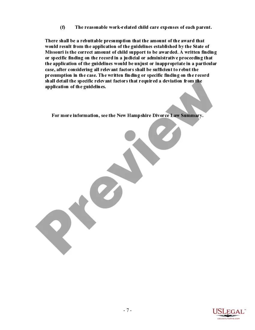 Get New Hampshire No-Fault Uncontested Agreed Divorce Package for Dissolution of Marriage with Minor Children and with or without Property and Debts Preview New Hampshire No-Fault Uncontested Agreed Divorce Package for Dissolution of Marriage with Minor Children and with or without Property and Debts