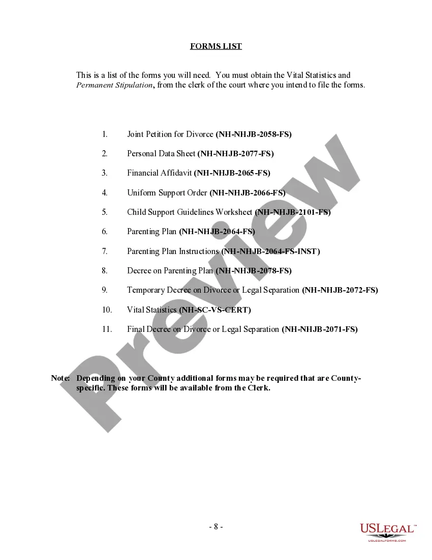 Get New Hampshire No-Fault Uncontested Agreed Divorce Package for Dissolution of Marriage with Minor Children and with or without Property and Debts Preview New Hampshire No-Fault Uncontested Agreed Divorce Package for Dissolution of Marriage with Minor Children and with or without Property and Debts