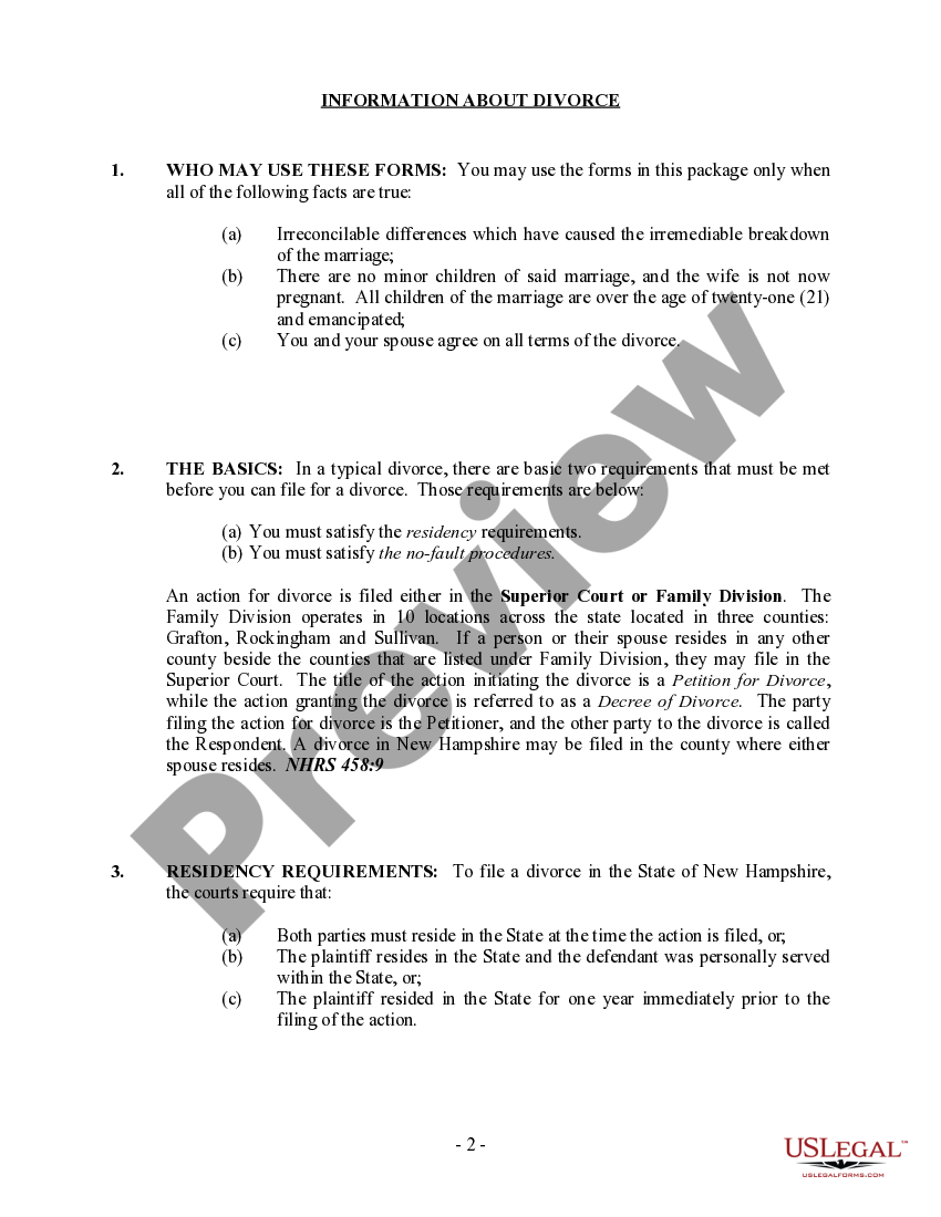 New Hampshire NoFault Agreed Uncontested Divorce Package for