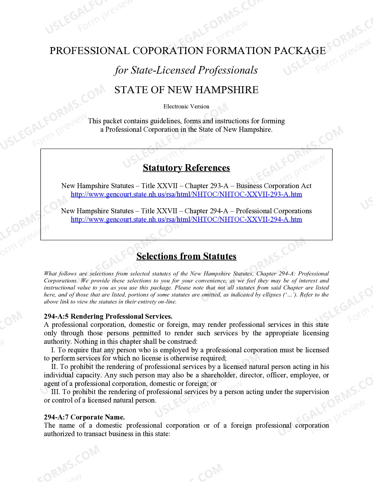 Preview Professional Corporation Package for New Hampshire
