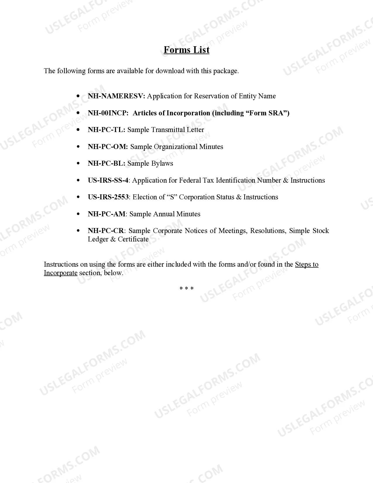 Preview Professional Corporation Package for New Hampshire