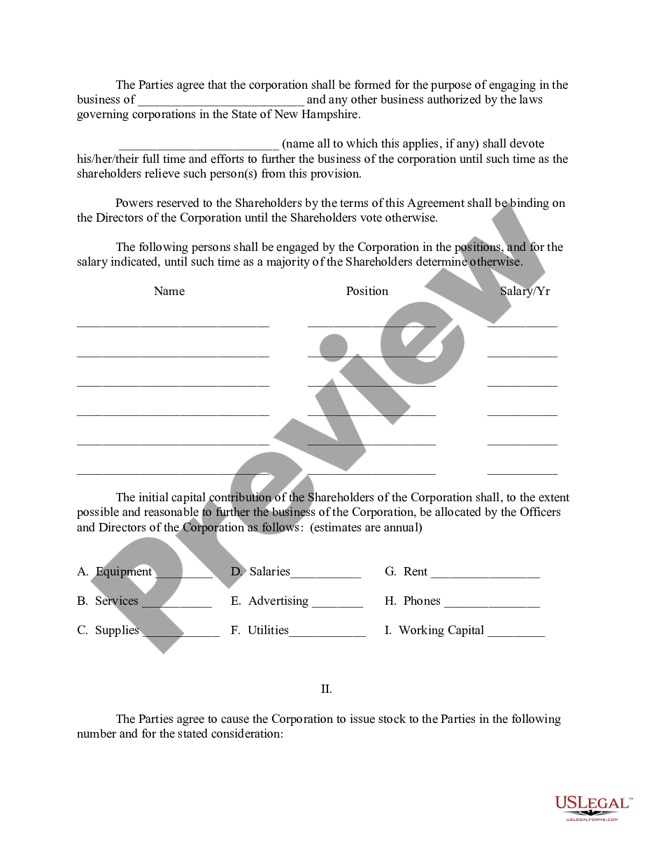 page 1 New Hampshire Pre-Incorporation Agreement, Shareholders Agreement and Confidentiality Agreement preview