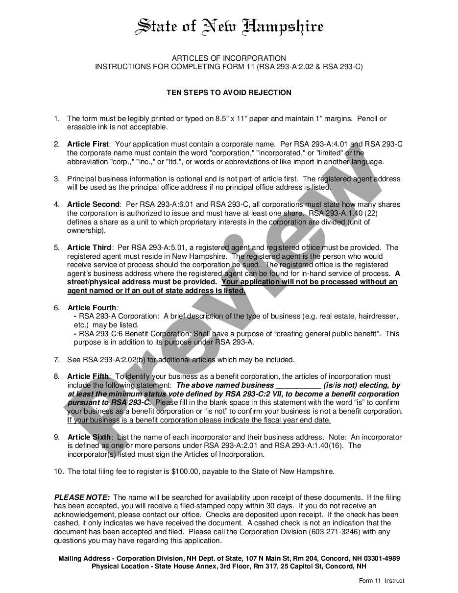 page 0 New Hampshire Articles of Incorporation for Domestic For-Profit Corporation preview